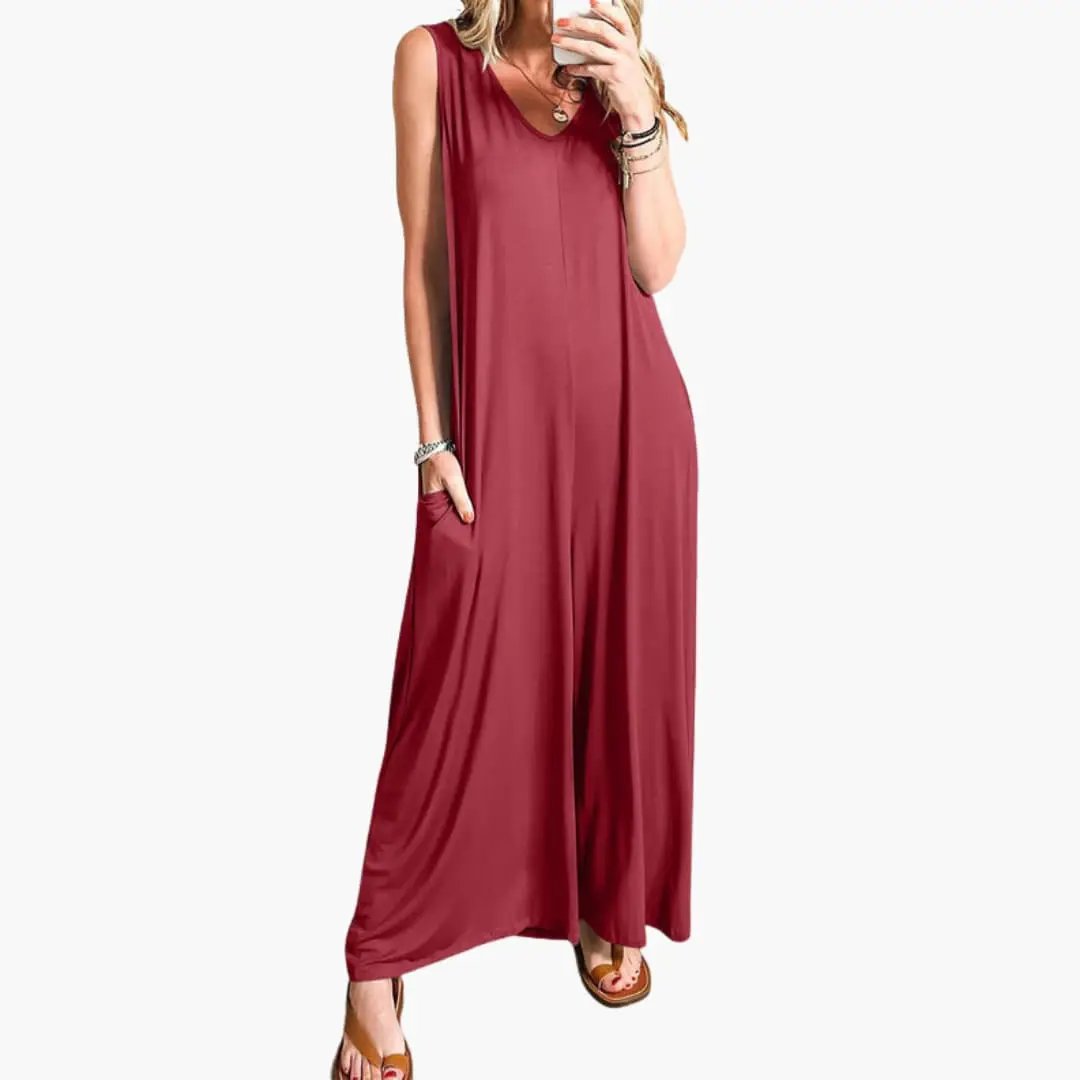 Women’s V-Neck One-Piece Jumpsuit with Pockets