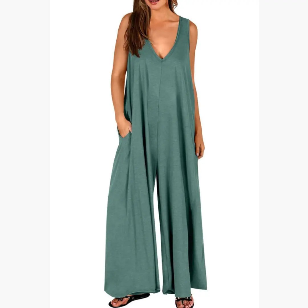 Women’s V-Neck One-Piece Jumpsuit with Pockets