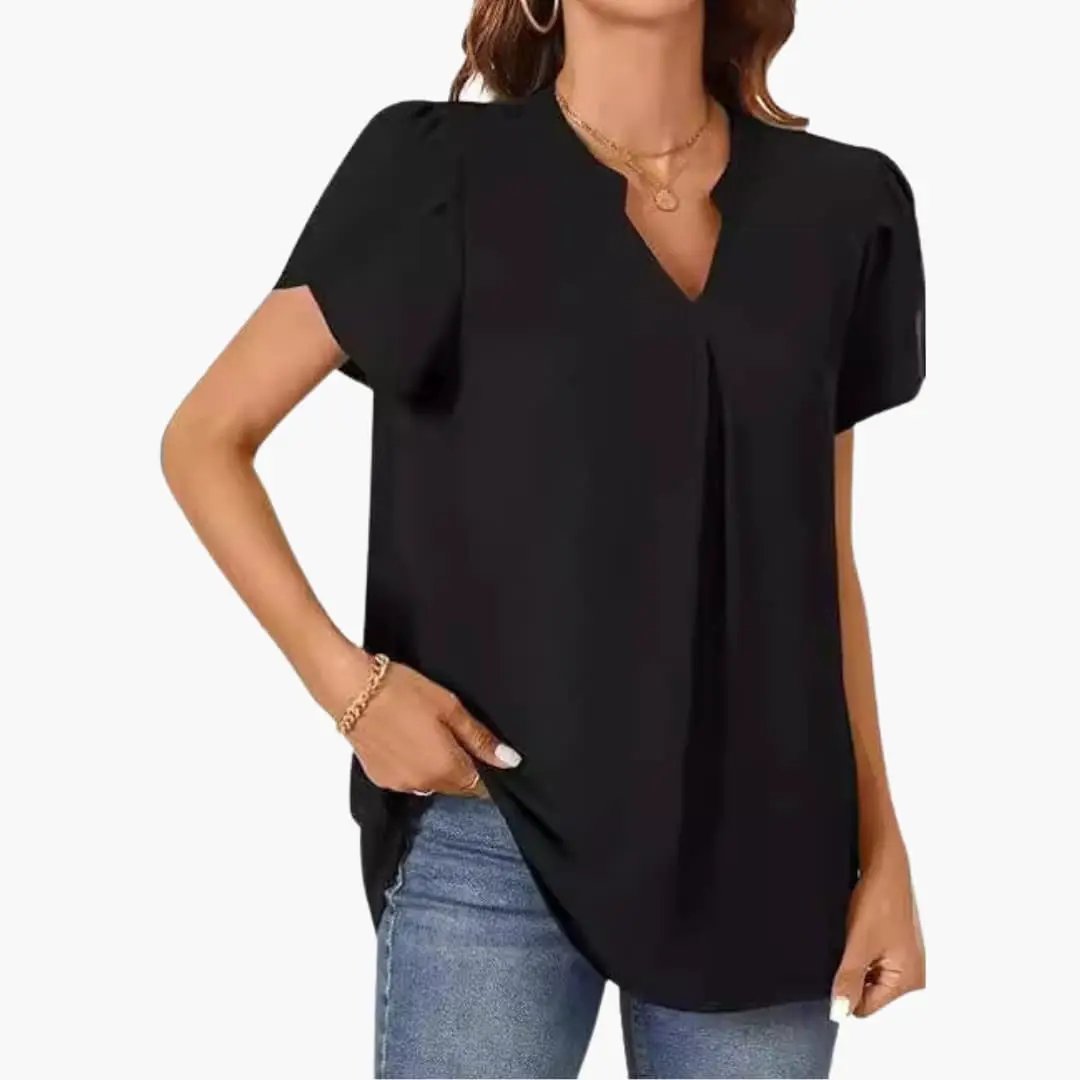 Women’s V-Neck Puff Sleeve Blouse Loose Fit Woven Pullover Top
