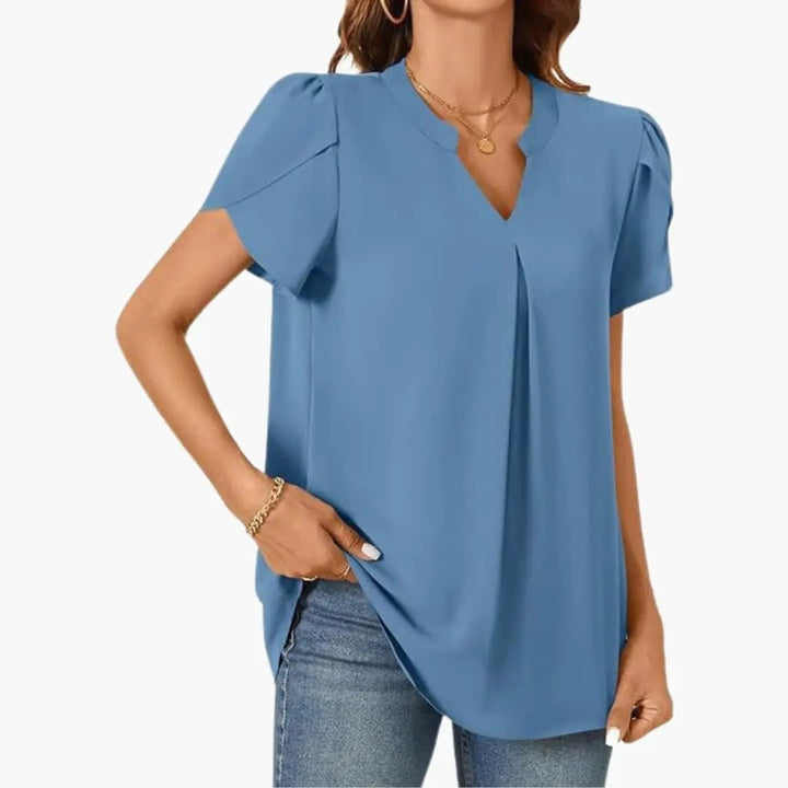 Women’s V-Neck Puff Sleeve Blouse Loose Fit Woven Pullover Top