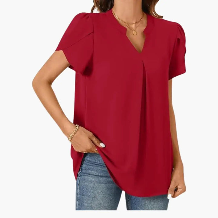 Women’s V-Neck Puff Sleeve Blouse Loose Fit Woven Pullover Top