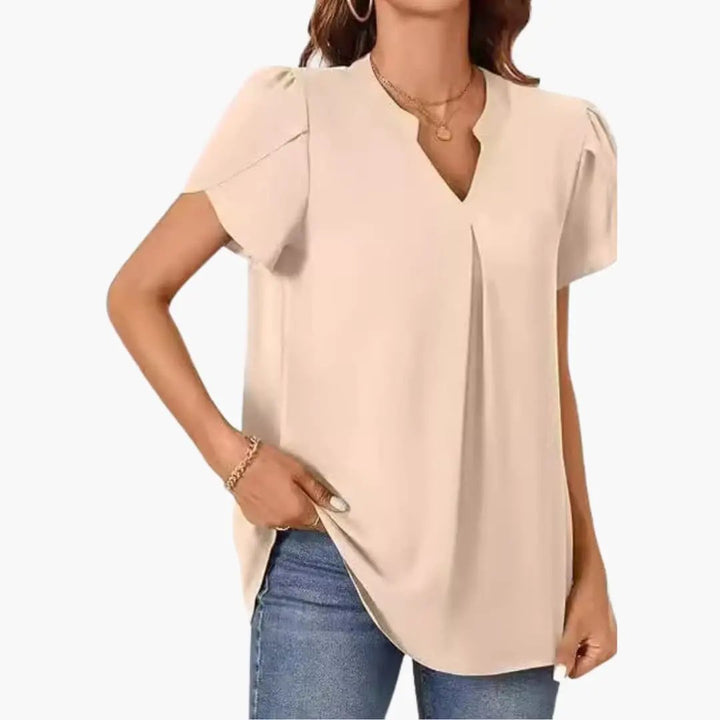Women’s V-Neck Puff Sleeve Blouse Loose Fit Woven Pullover Top