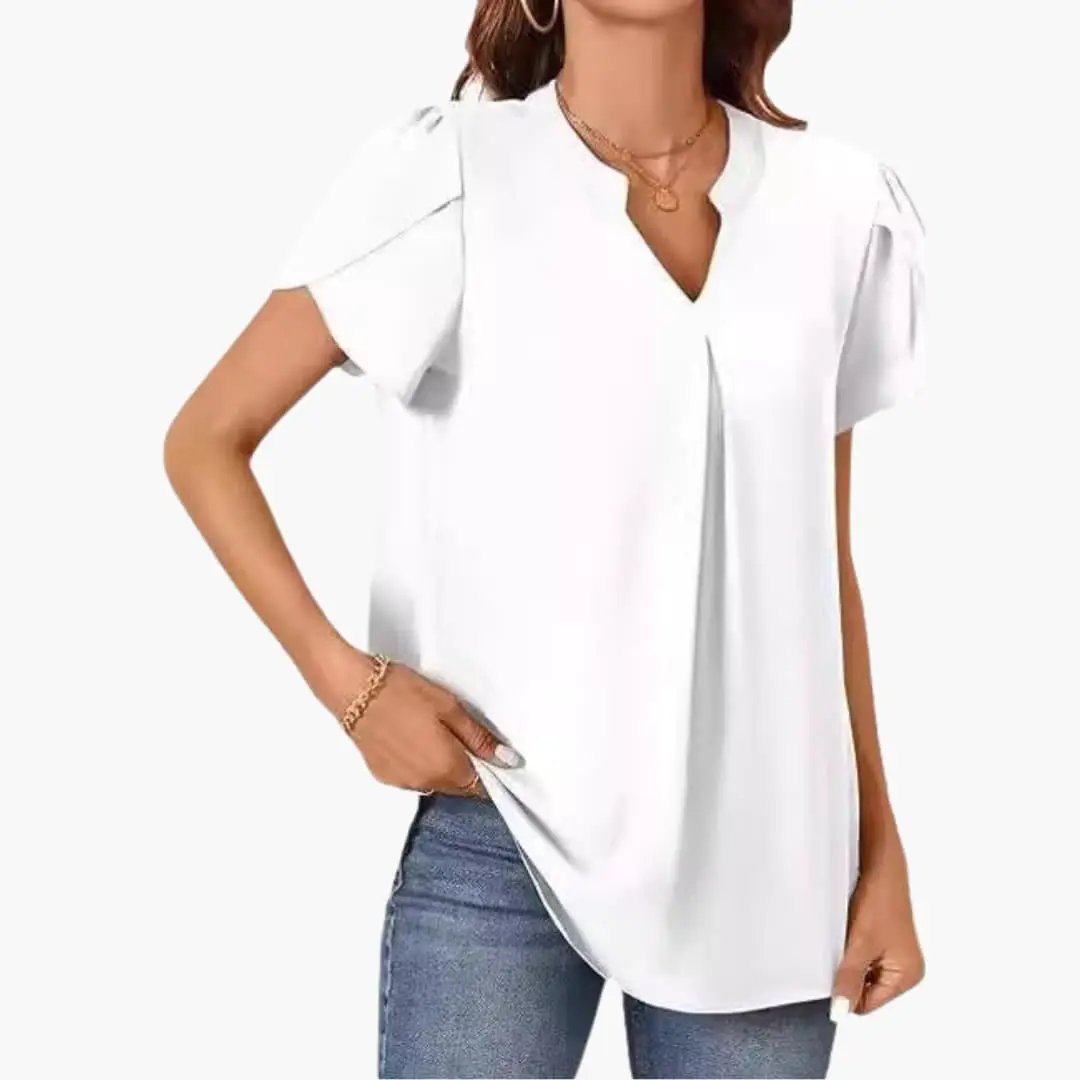Women’s V-Neck Puff Sleeve Blouse Loose Fit Woven Pullover Top