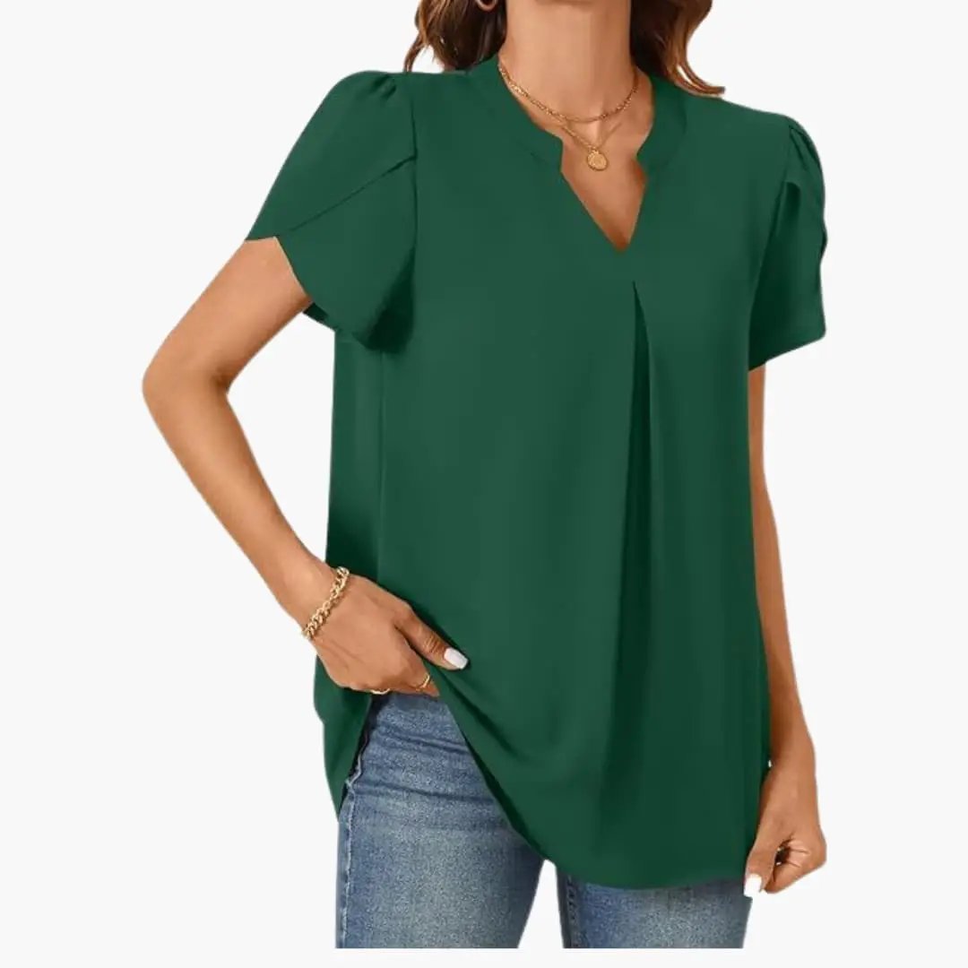 Women’s V-Neck Puff Sleeve Blouse Loose Fit Woven Pullover Top
