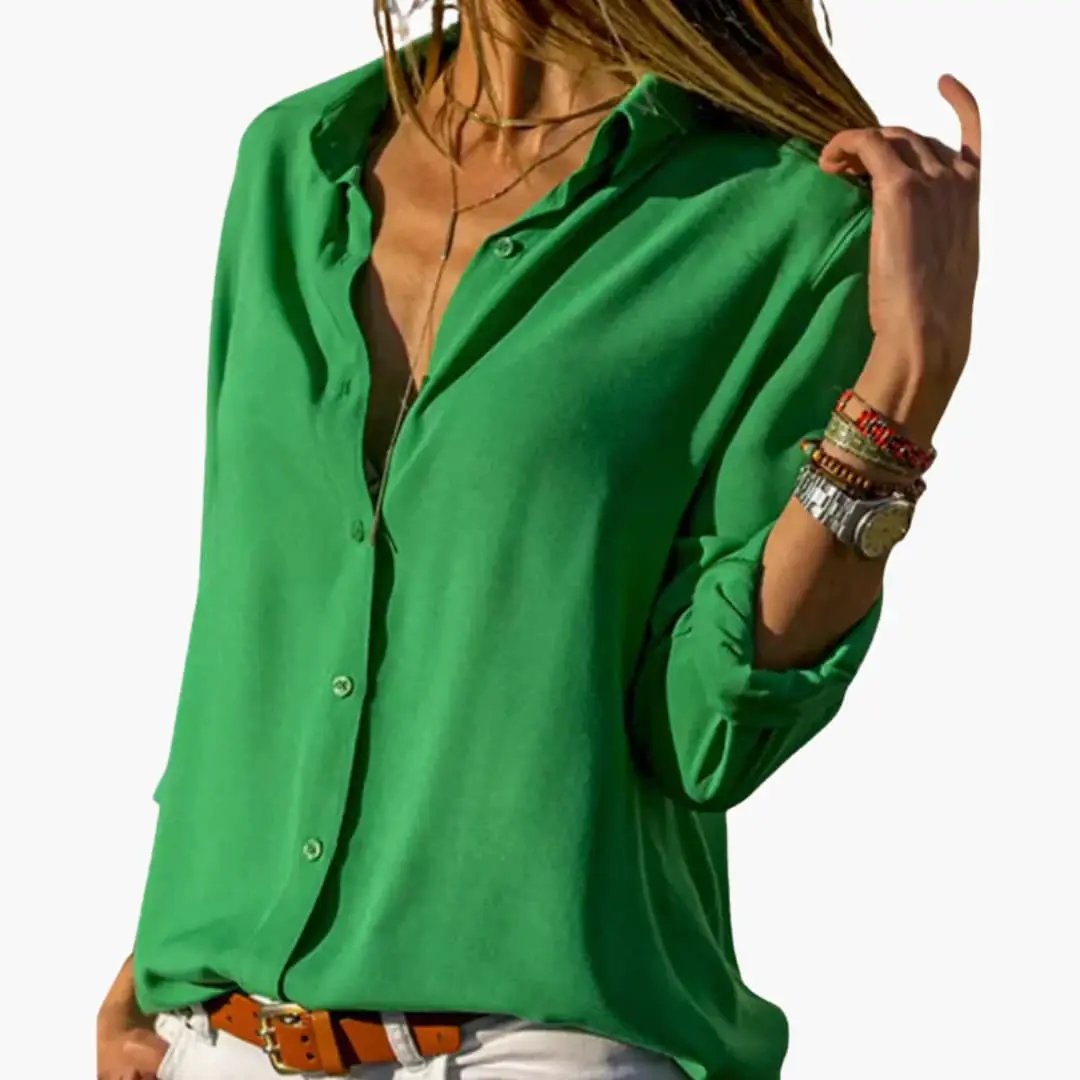 Women’s V-Neck Satin-Style Blouse – Long Sleeve Woven Top