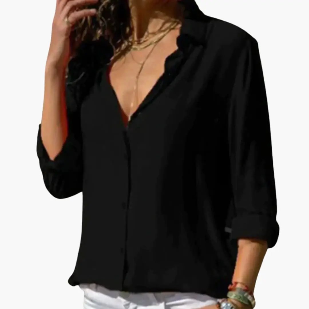 Women’s V-Neck Satin-Style Blouse – Long Sleeve Woven Top