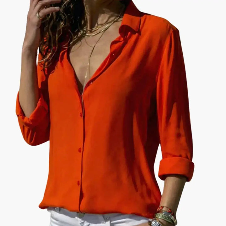 Women’s V-Neck Satin-Style Blouse – Long Sleeve Woven Top