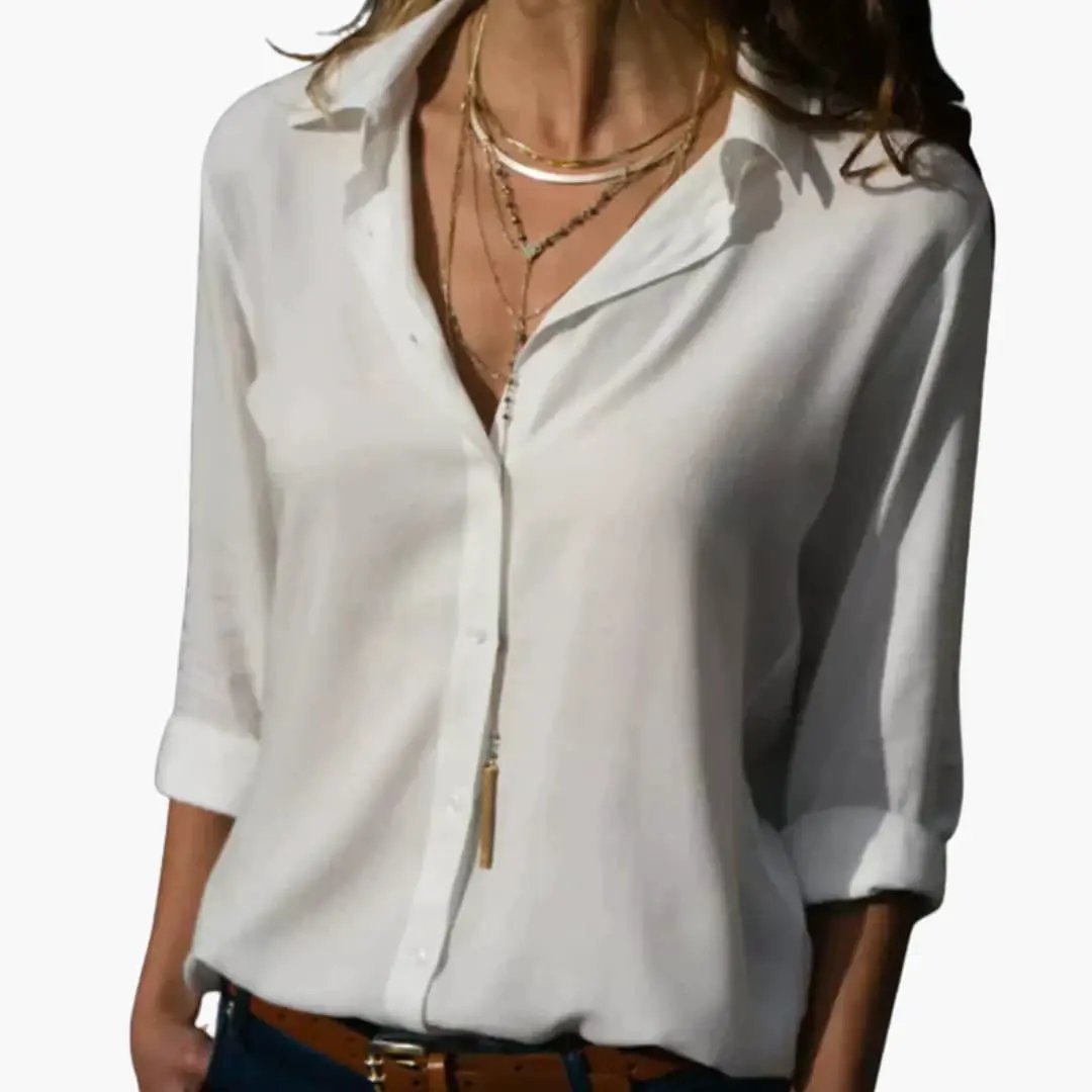 Women’s V-Neck Satin-Style Blouse – Long Sleeve Woven Top
