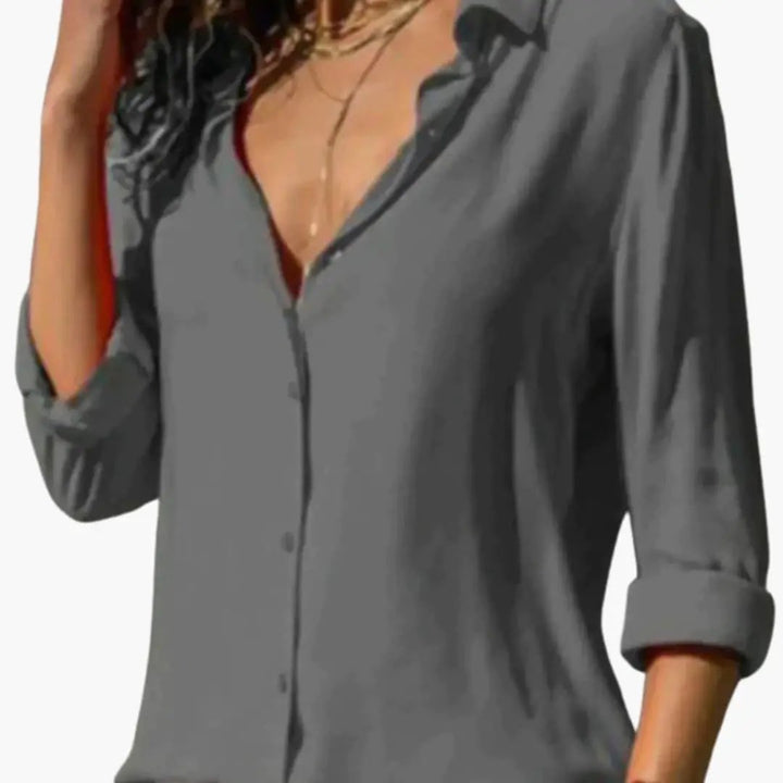 Women’s V-Neck Satin-Style Blouse – Long Sleeve Woven Top
