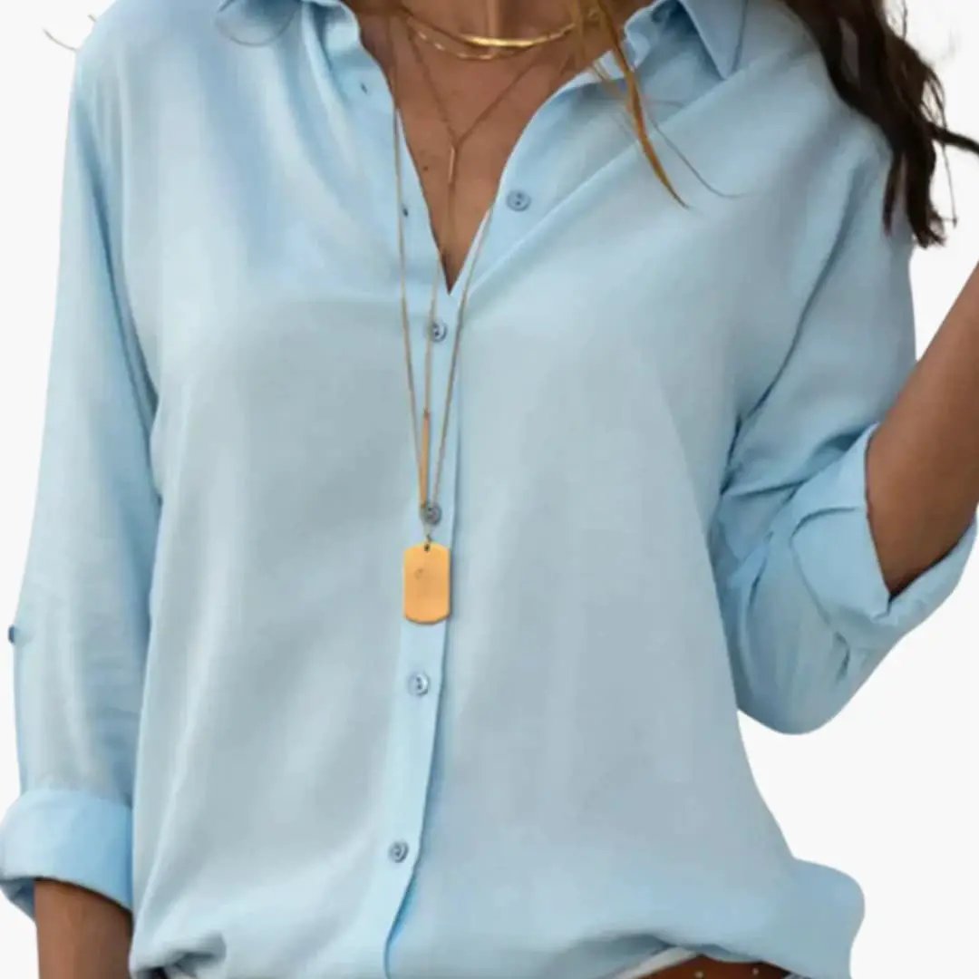 Women’s V-Neck Satin-Style Blouse – Long Sleeve Woven Top