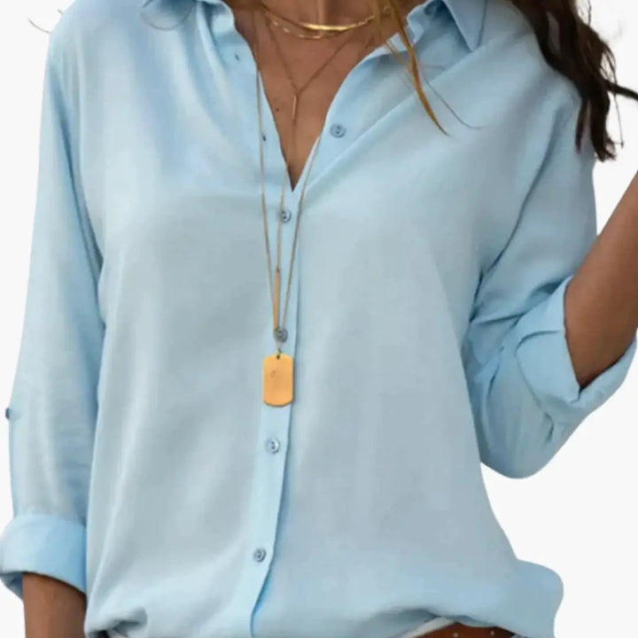 Women’s V-Neck Satin-Style Blouse – Long Sleeve Woven Top