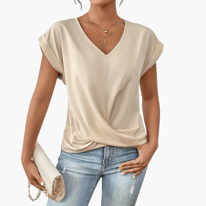Women’s V-Neck Short Sleeve Blouse with Relaxed Fit and Straight Hem