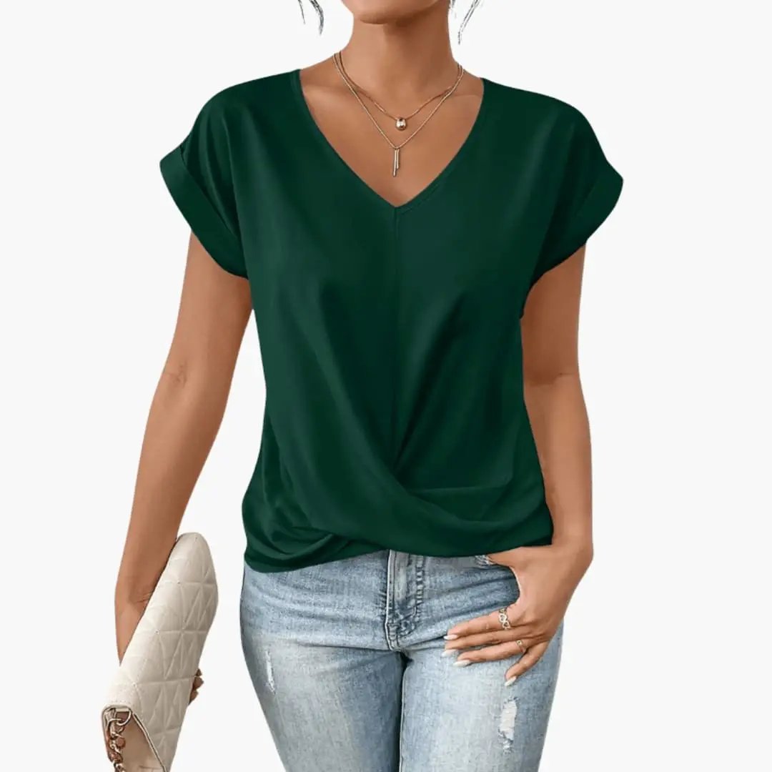 Women’s V-Neck Short Sleeve Blouse with Relaxed Fit and Straight Hem