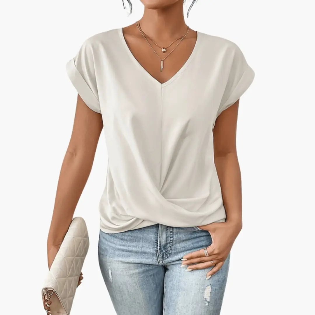 Women’s V-Neck Short Sleeve Blouse with Relaxed Fit and Straight Hem