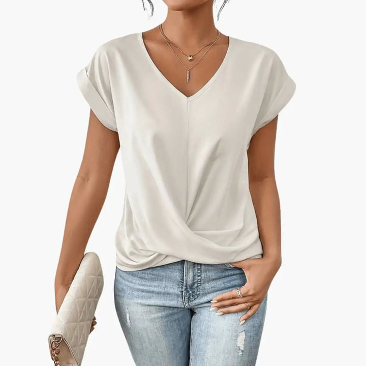 Women’s V-Neck Short Sleeve Blouse with Relaxed Fit and Straight Hem