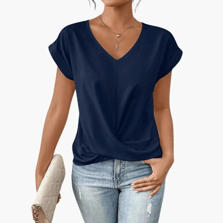 Women’s V-Neck Short Sleeve Blouse with Relaxed Fit and Straight Hem