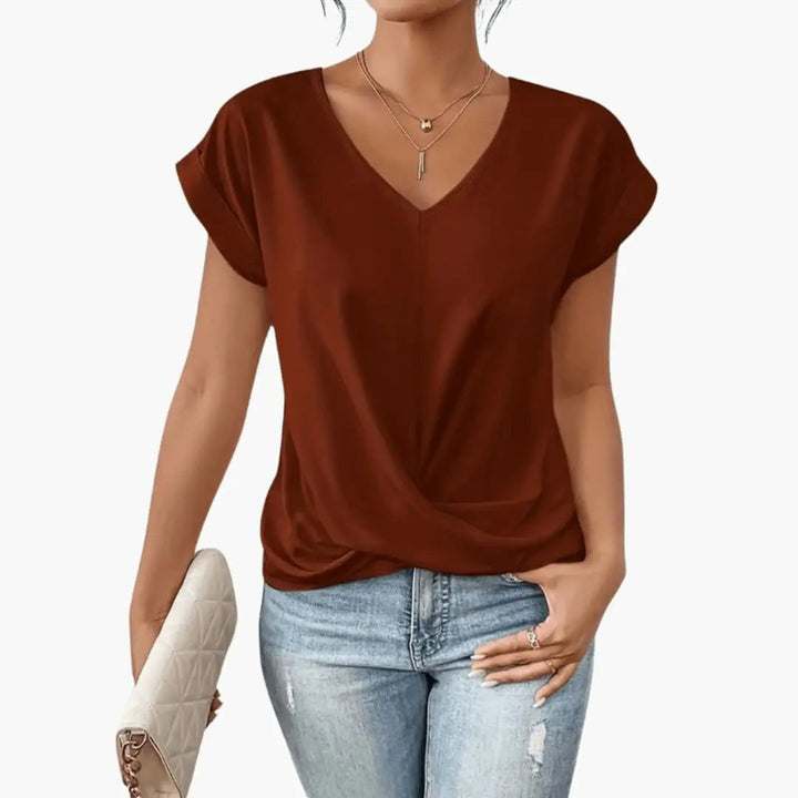 Women’s V-Neck Short Sleeve Blouse with Relaxed Fit and Straight Hem