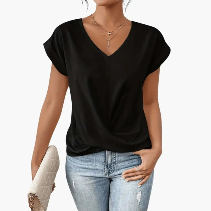 Women’s V-Neck Short Sleeve Blouse with Relaxed Fit and Straight Hem