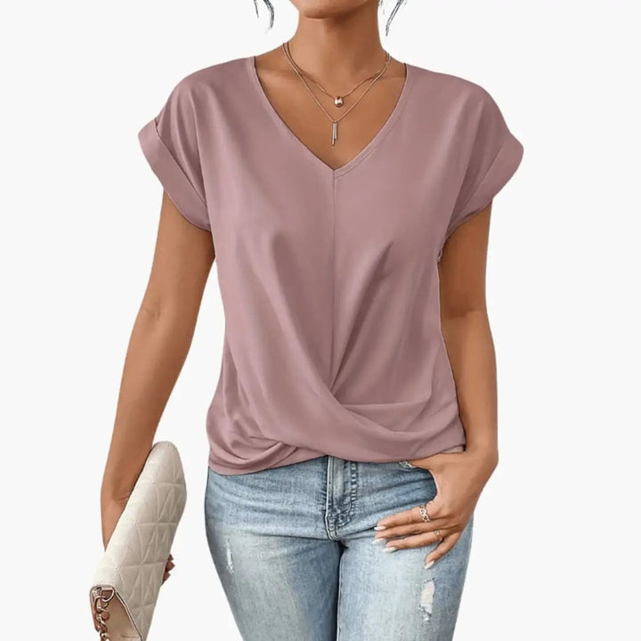 Women’s V-Neck Short Sleeve Blouse with Relaxed Fit and Straight Hem