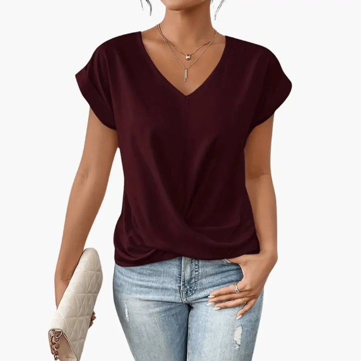 Women’s V-Neck Short Sleeve Blouse with Relaxed Fit and Straight Hem