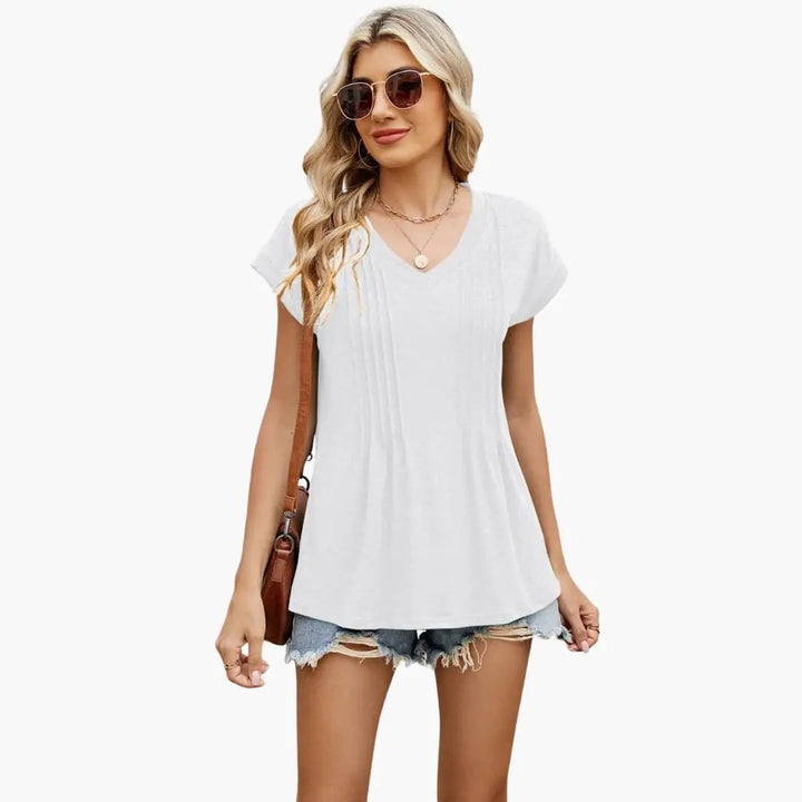 Women’s V-Neck Striped Pleated Short Sleeve T-Shirt