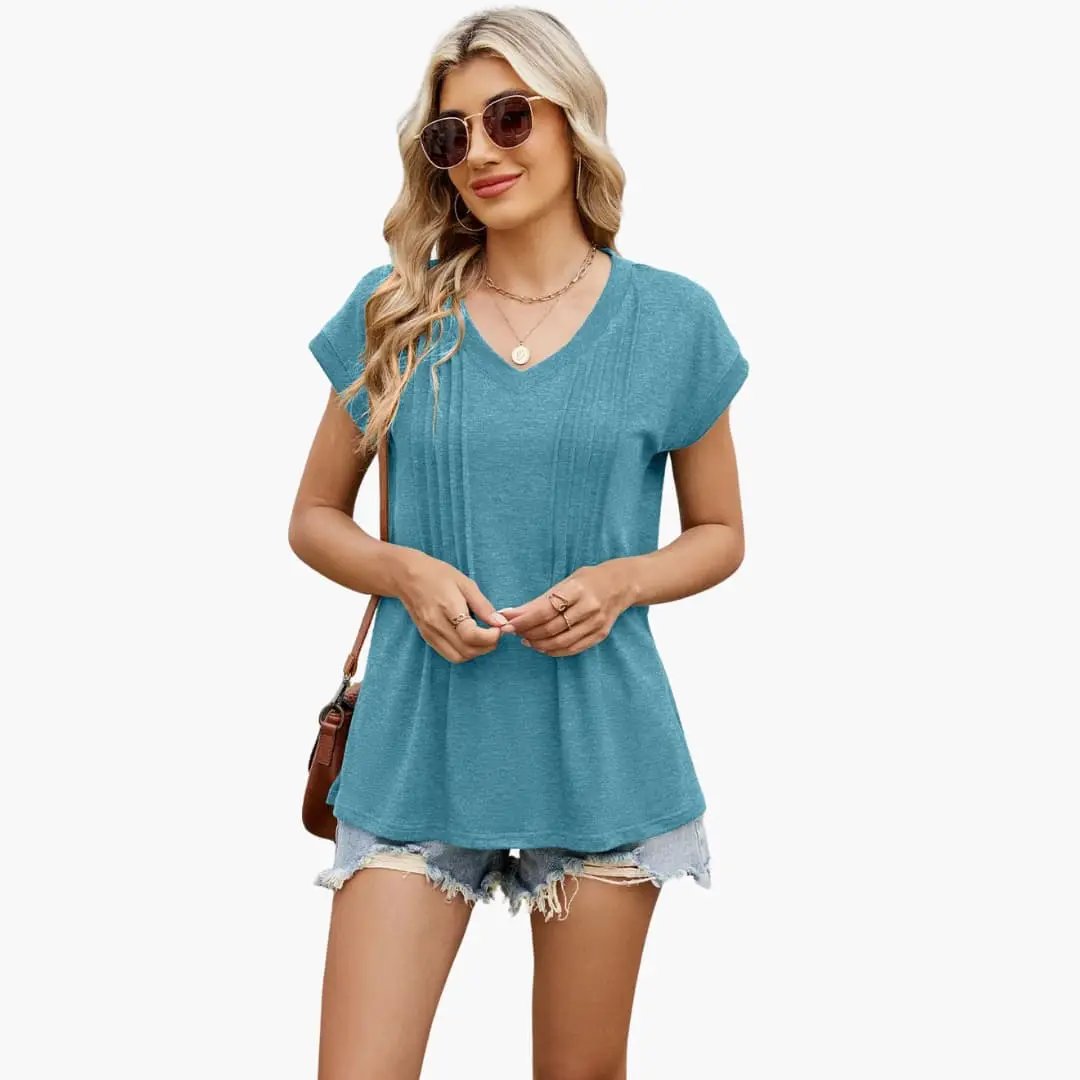 Women’s V-Neck Striped Pleated Short Sleeve T-Shirt