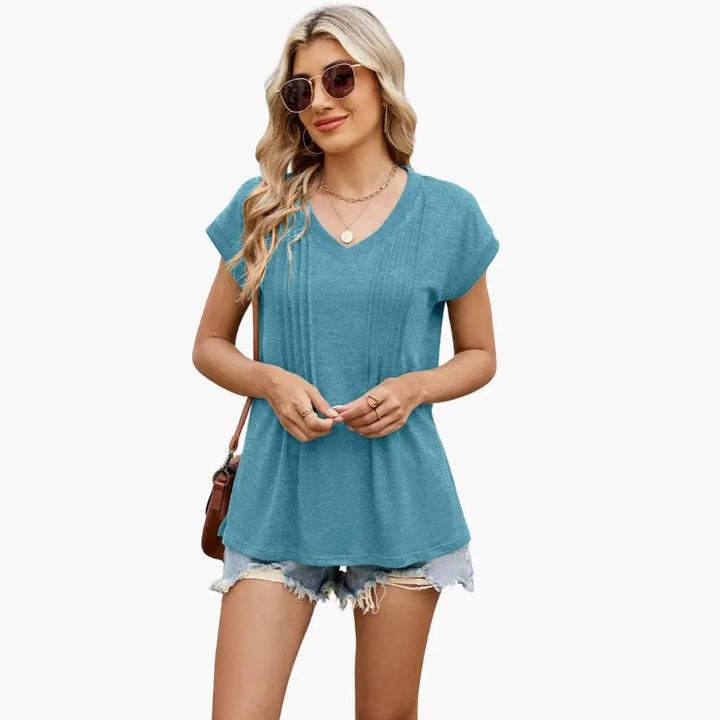 Women’s V-Neck Striped Pleated Short Sleeve T-Shirt