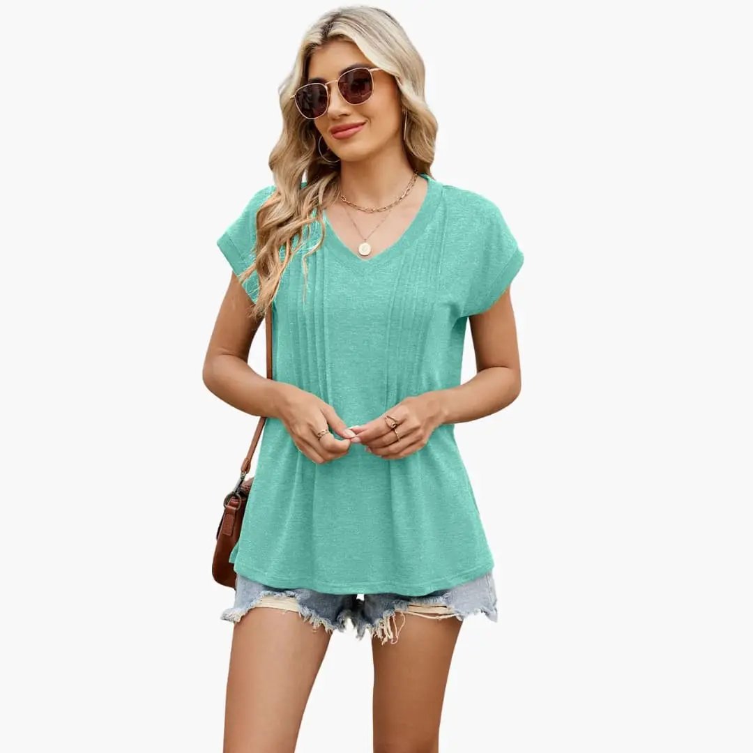 Women’s V-Neck Striped Pleated Short Sleeve T-Shirt