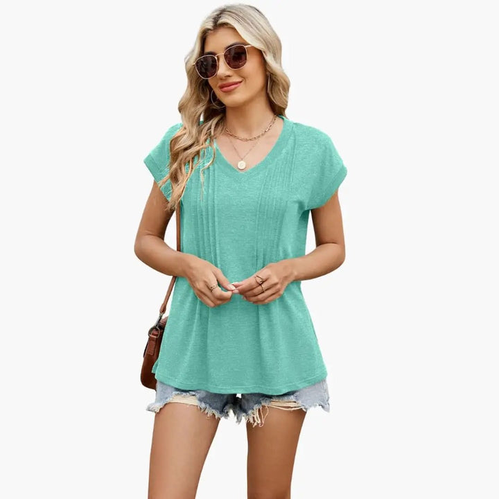 Women’s V-Neck Striped Pleated Short Sleeve T-Shirt