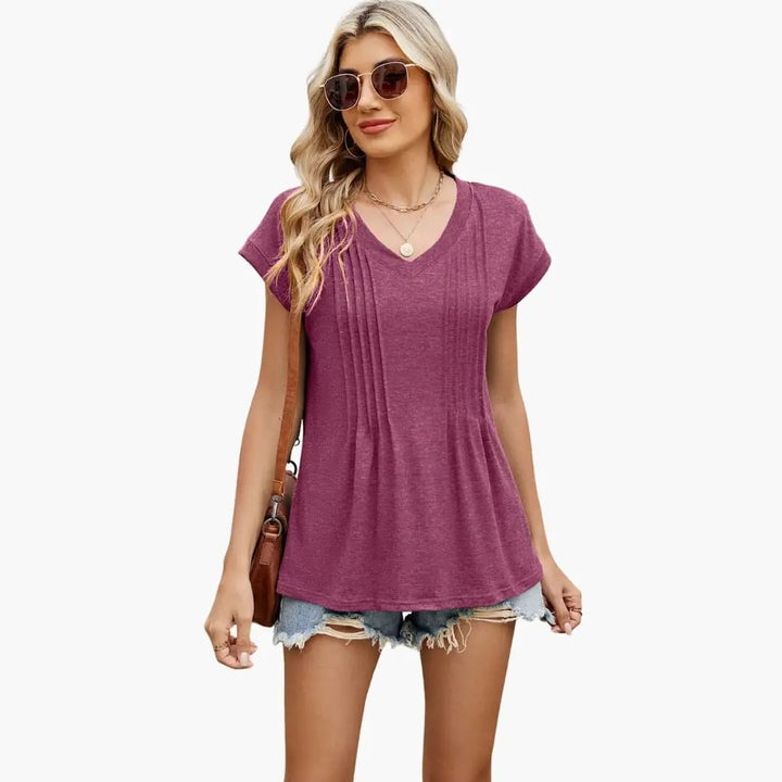 Women’s V-Neck Striped Pleated Short Sleeve T-Shirt