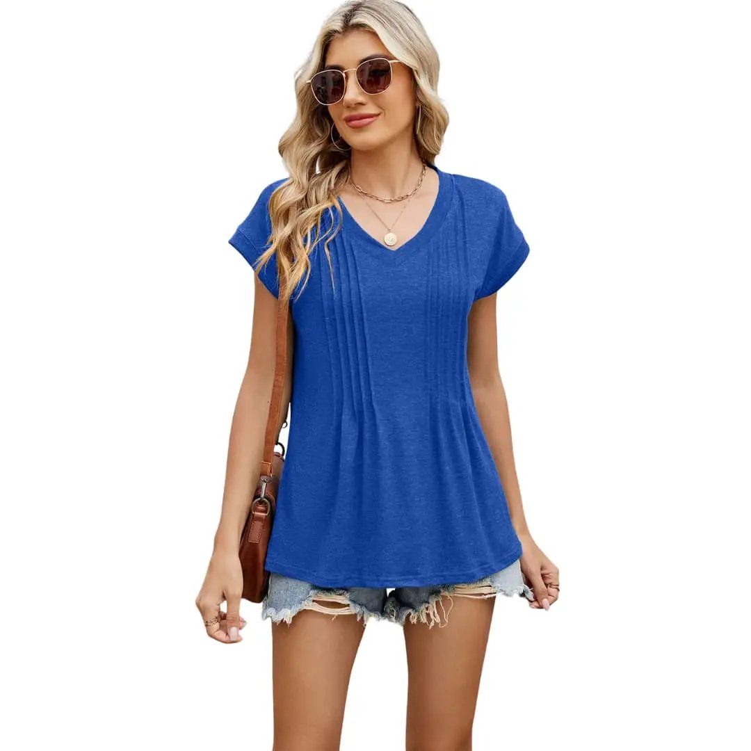Women’s V-Neck Striped Pleated Short Sleeve T-Shirt