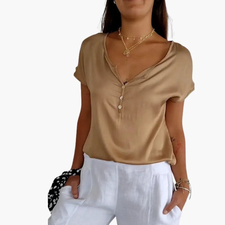Women’s V-Neck T-Shirt with Loose Fit and Short Sleeves