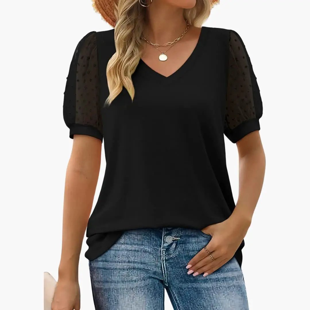 Women’s V-Neck T-Shirt with Puff Sleeves
