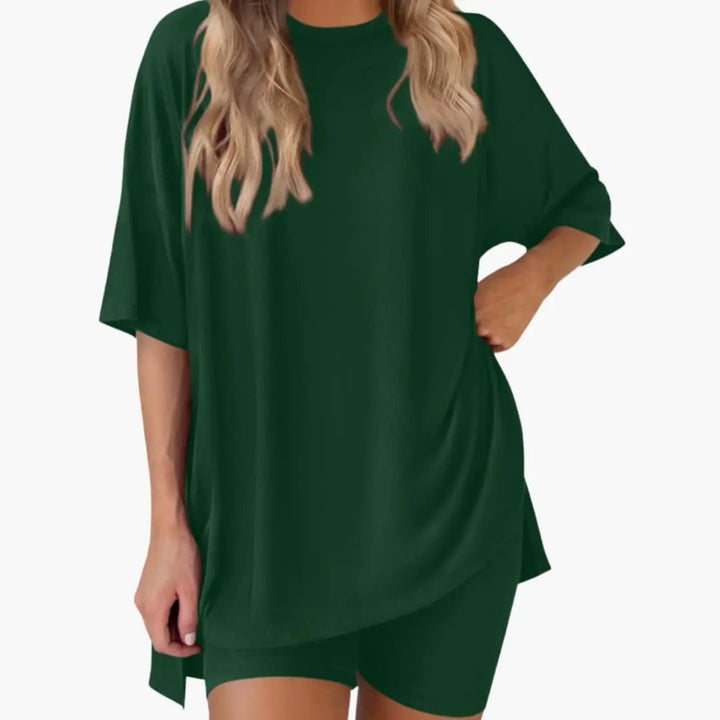 Women's V-Neck Top and Elastic Waist Shorts Two-Piece Set