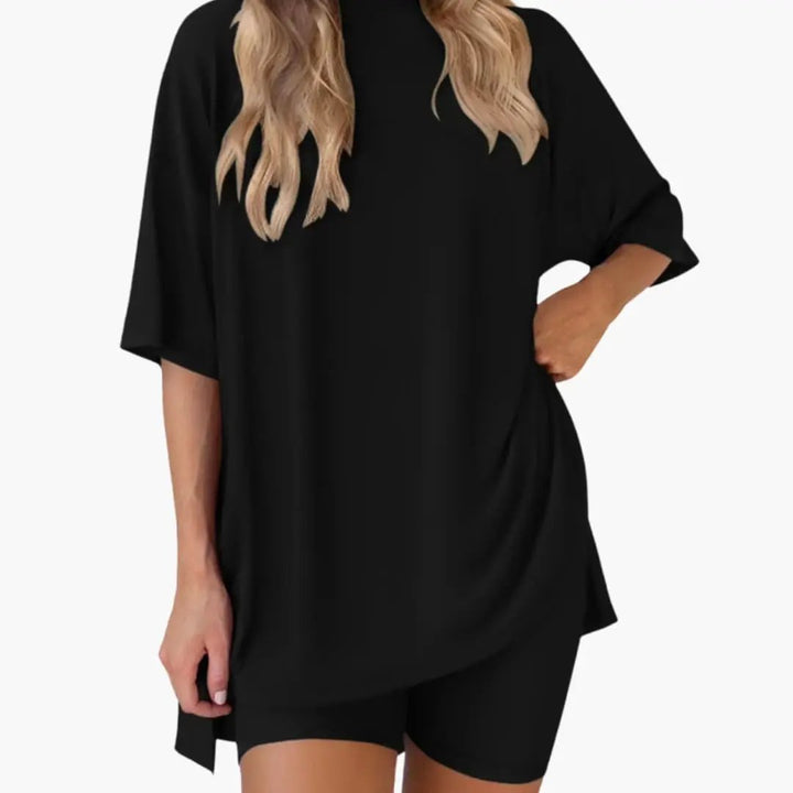 Women's V-Neck Top and Elastic Waist Shorts Two-Piece Set