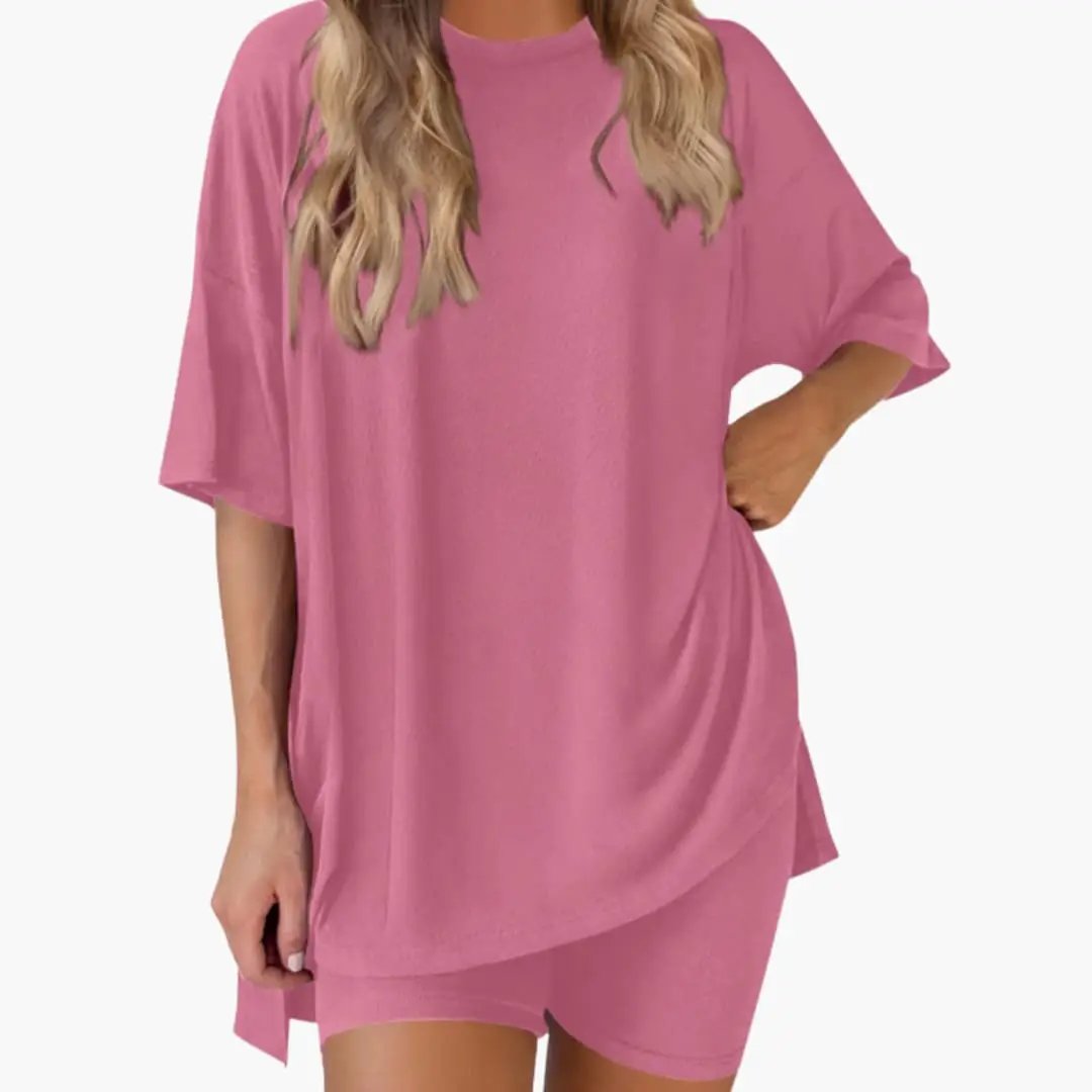 Women's V-Neck Top and Elastic Waist Shorts Two-Piece Set