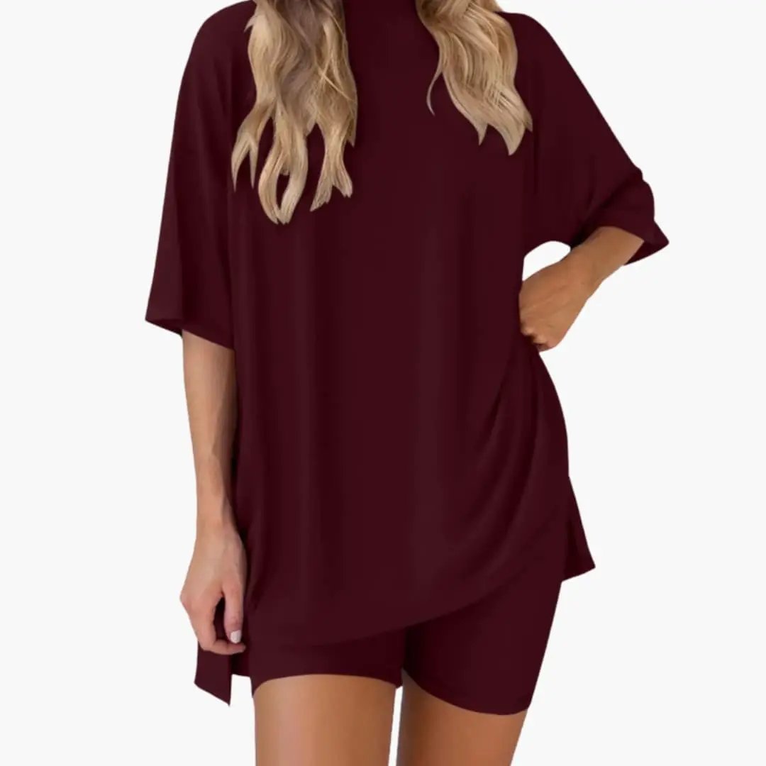 Women's V-Neck Top and Elastic Waist Shorts Two-Piece Set