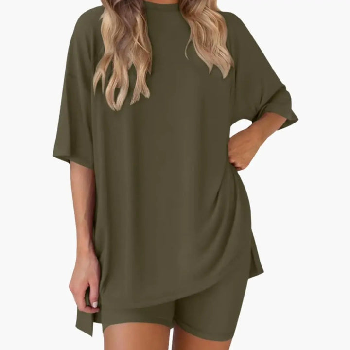 Women's V-Neck Top and Elastic Waist Shorts Two-Piece Set
