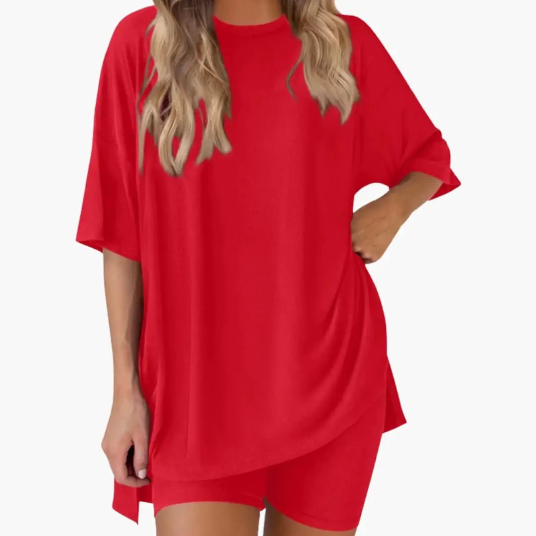 Women's V-Neck Top and Elastic Waist Shorts Two-Piece Set