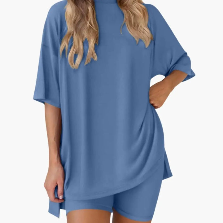 Women's V-Neck Top and Elastic Waist Shorts Two-Piece Set