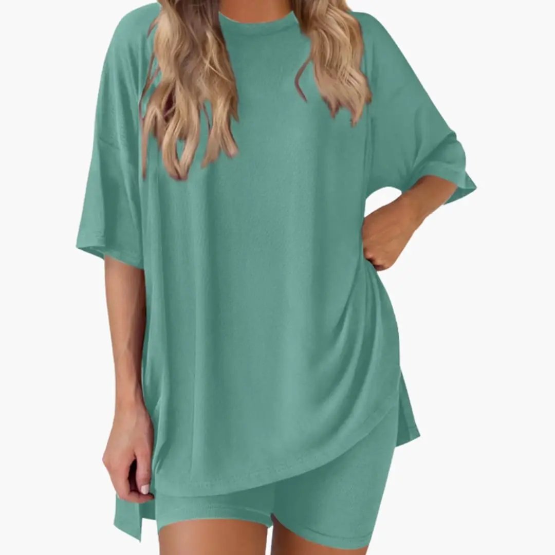 Women's V-Neck Top and Elastic Waist Shorts Two-Piece Set