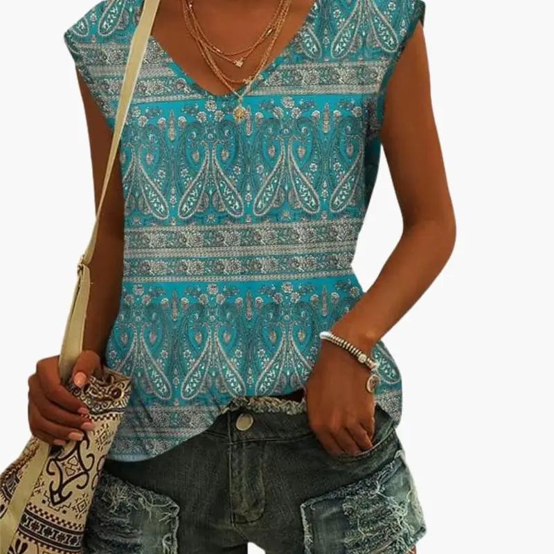 Women’s V-Neck Top with Cap Sleeves – Hip-Length Plain Top
