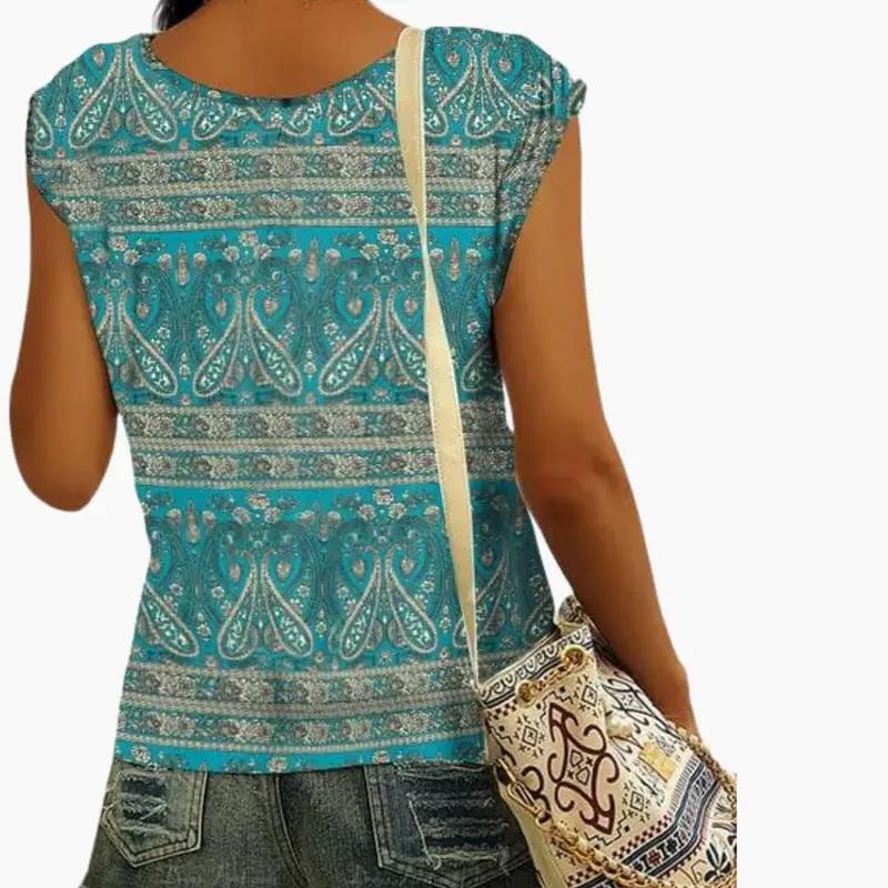 Women’s V-Neck Top with Cap Sleeves – Hip-Length Plain Top