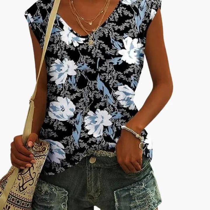 Women’s V-Neck Top with Cap Sleeves – Hip-Length Plain Top