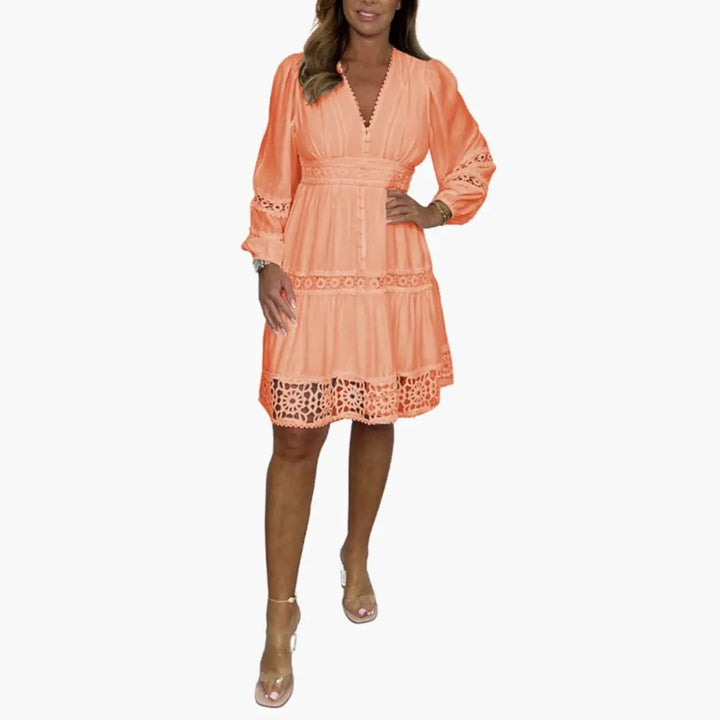 Women’s V Neck Lace Midi Dress with Long Sleeves