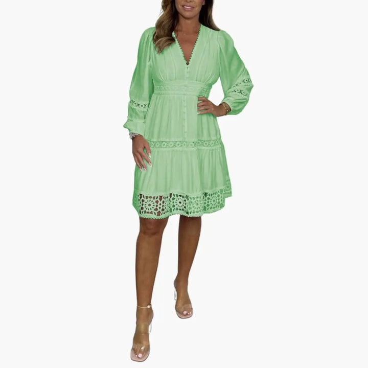 Women’s V Neck Lace Midi Dress with Long Sleeves