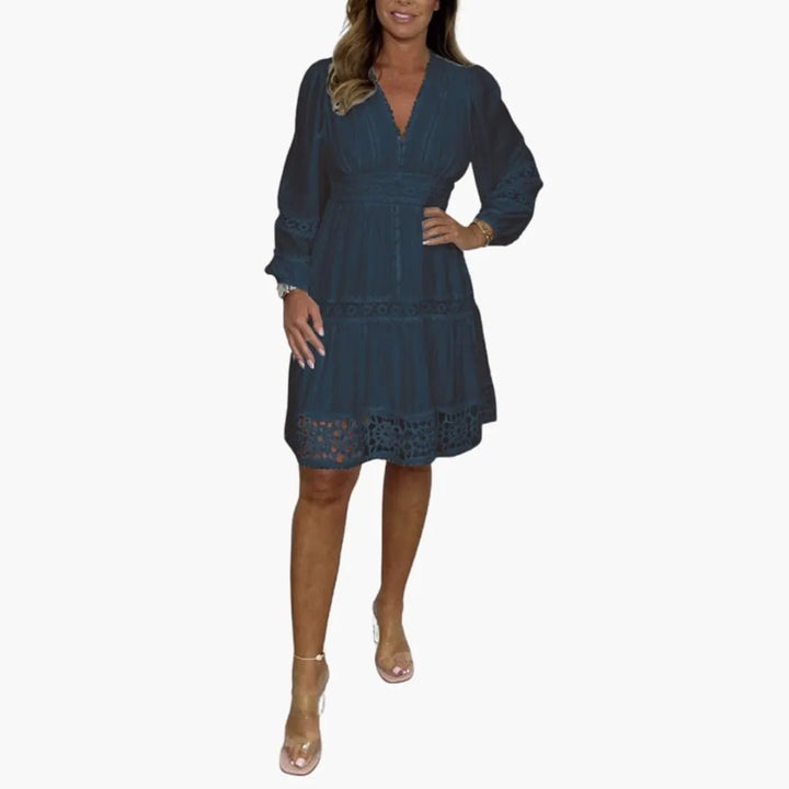 Women’s V Neck Lace Midi Dress with Long Sleeves