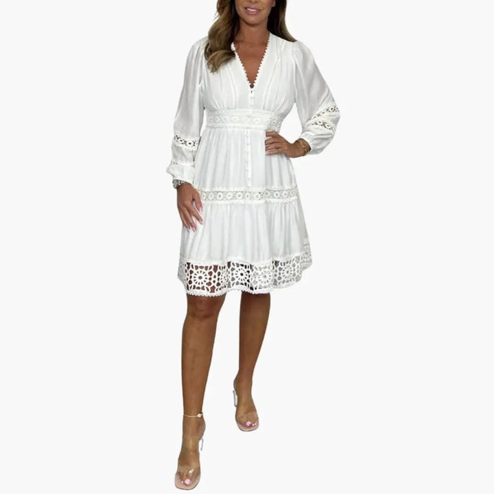 Women’s V Neck Lace Midi Dress with Long Sleeves