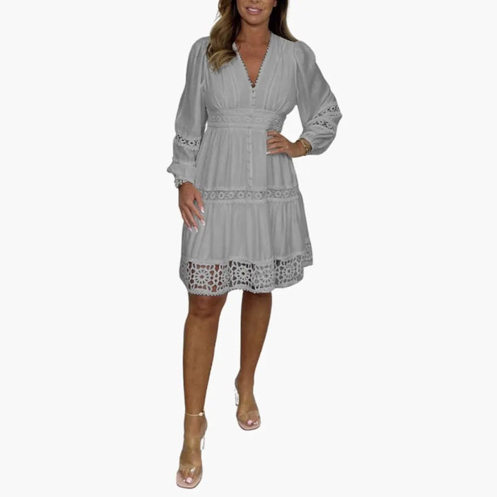 Women’s V Neck Lace Midi Dress with Long Sleeves