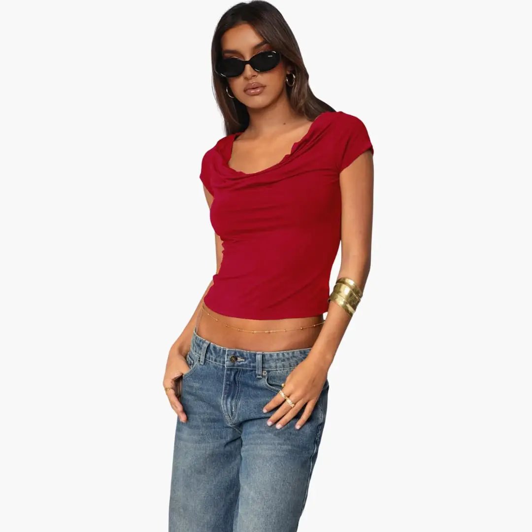 Women’s Waterfall Neck Fitted Short Sleeve T-Shirt